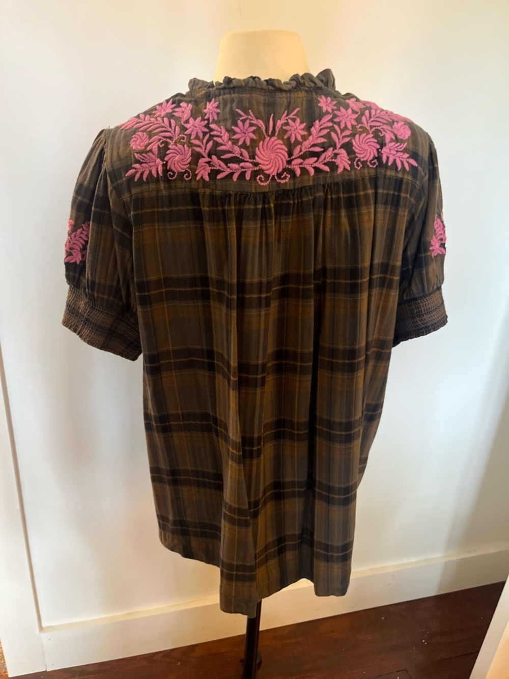 ivy jane Dark Plaid Blouse with Bright Pink Floral Embroidery - Picture 3 of 4